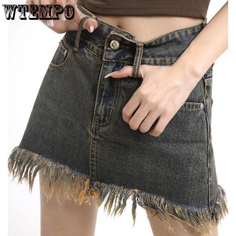 WTEMPO Женские винтажные облегающие джинсовые юбки с кисточками Y2K, женские летние мини-хлопковые юбки, уличная одежда