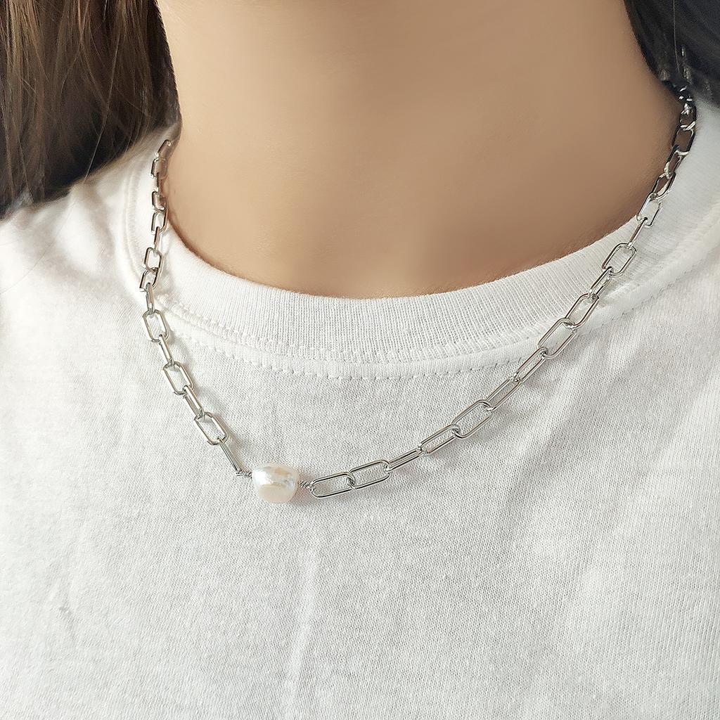 Silver Necklace with Natural Baroque Pearls (2130192)