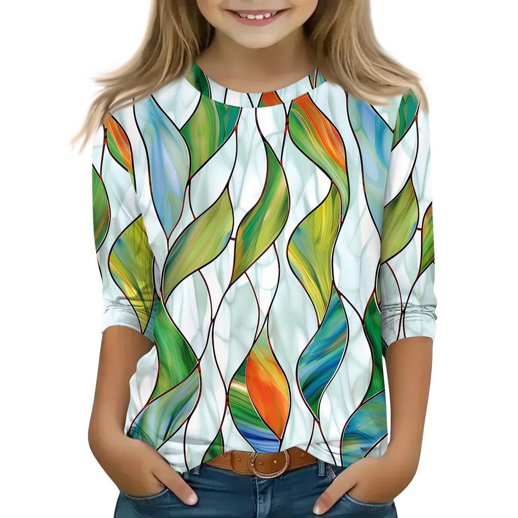 Детская футболка с рукавом 3/4, повседневная футболка с принтом, круглый вырез, блузка-пуловер