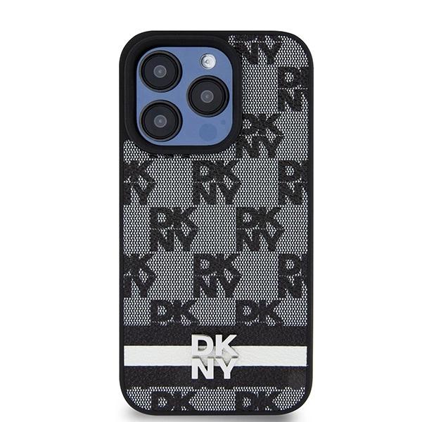 Dkny Leather Checkered Mono Pattern & Printed Stripes Case For Iphone 15 Pro Max - Black