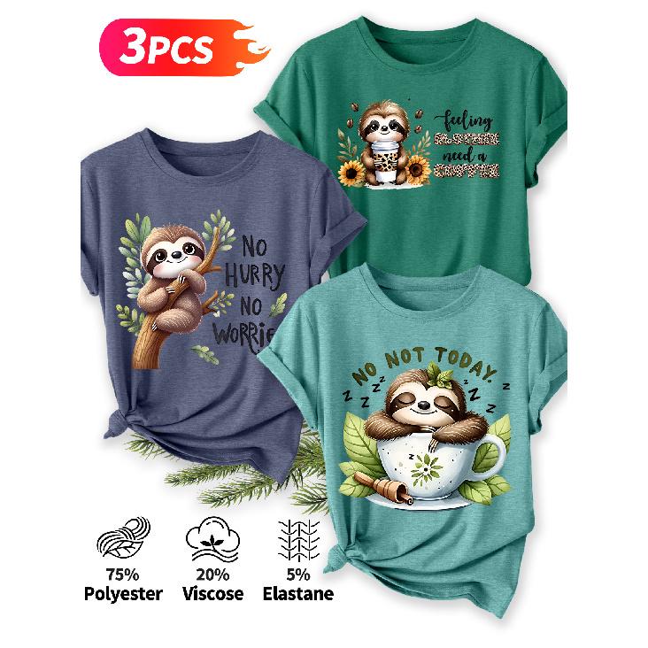 2026 3 Pack Sloth Print Round Neck Women Short Sleeve T Shirts Elegant Casual Holiday Spring Summer Tops