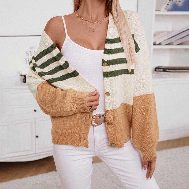 Vintage Stripe Cardigan Sweater Loose Knitwear Long Sleeve V-Neck Top Autumn Winter
