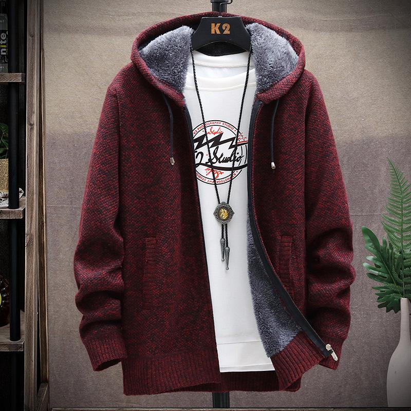 Men's Solid Color Thickened Knitted Jacket Winter Knitted Cardigan Casual Zipper Hooded Jacket