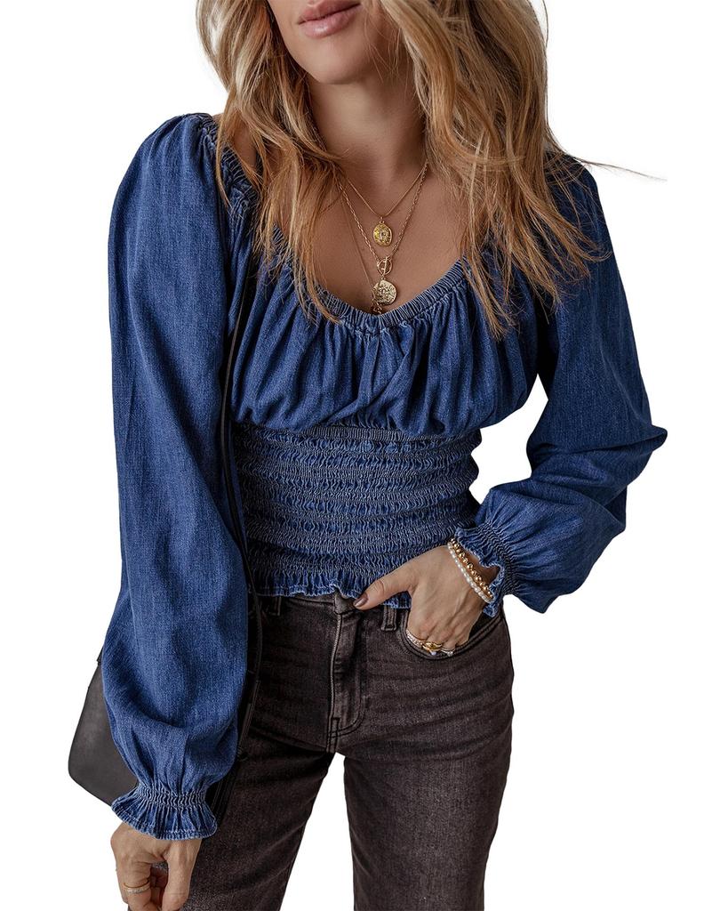 Azura Exchange Темно-синяя джинсовая блузка с V-образным вырезом и присборенными рукавами-фонариками