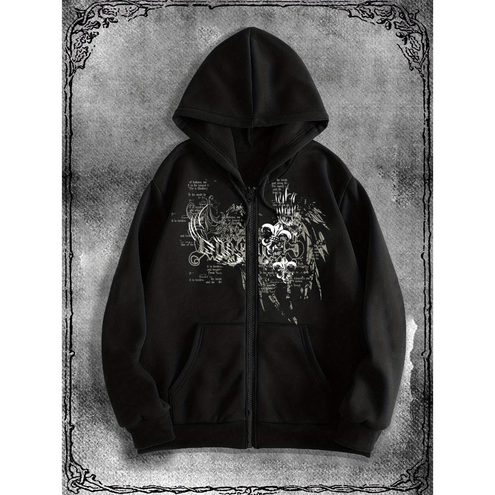 Уникальная мужская готическая толстовка на молнии - Черная с белым готическим принтом, Повседневная уличная толстовка со смелым узором, Прочная ткань