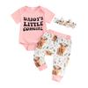 Baby Girls Summer Outfit, Short Sleeve Letters Print Romper with Cow Print Flare Pants and Headband
