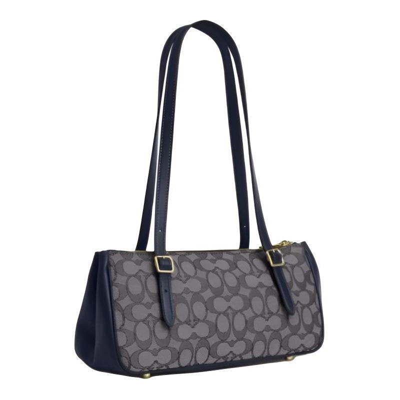 COACH Asher 34 Classic Printed Silver Hardware Signature Jacquard and Smooth Leather Shoulder Bag Large Women's Blue and Gray