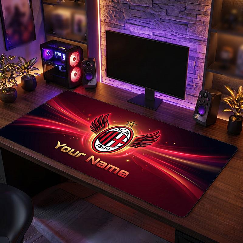 AC Milan Custom Large Mouse Pad, Personalized Name Text Print, Football Logo Non‑Slip Desk Mat Gaming Gift