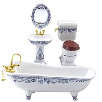 Moin moin Миниатюрный керамический набор для ванной комнаты в масштабе 1/12 (4 шт): Туалет, Ванна, Зеркало и Раковина, Синий Цветочный Узор, Кукольные Фигурки, 2503mini72