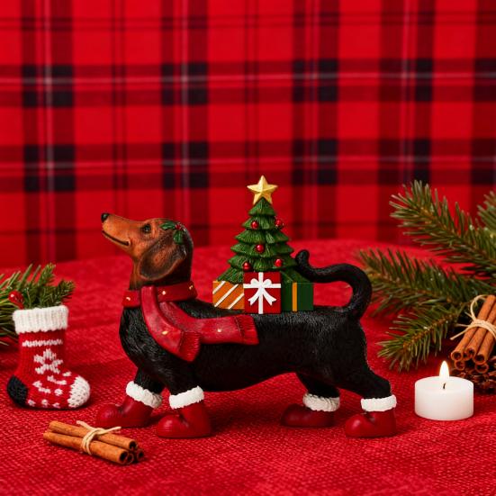 Lighted Dachshund Christmas Decoration Resin Dachshund Ornament with Scarf Boots Light-up Tree