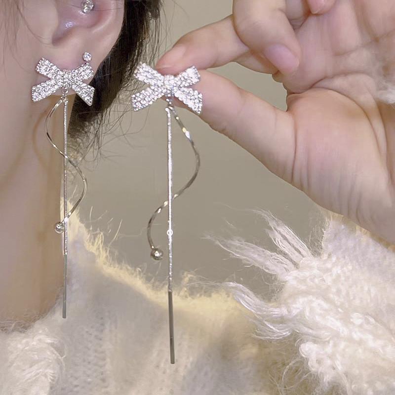 Серебряные серьги с кисточками и бантом, серьги-клипсы с кристаллами для женщин, ювелирные аксессуары