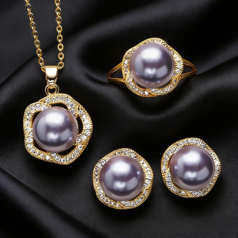 Elegant light-luxury banquet pearl jewelry for women, purple pearl three-piece set: necklace, earrings, and ring,Retro Palace Style