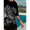 Men's Streetwear Praying Hands Print T-Shirt & Shorts Set Summer Casual Sports Suit Breathable Two-Piece Outfit for Daily/Outdoor