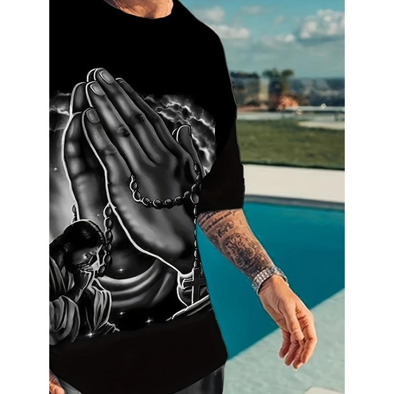 Men's Streetwear Praying Hands Print T-Shirt & Shorts Set Summer Casual Sports Suit Breathable Two-Piece Outfit for Daily/Outdoor
