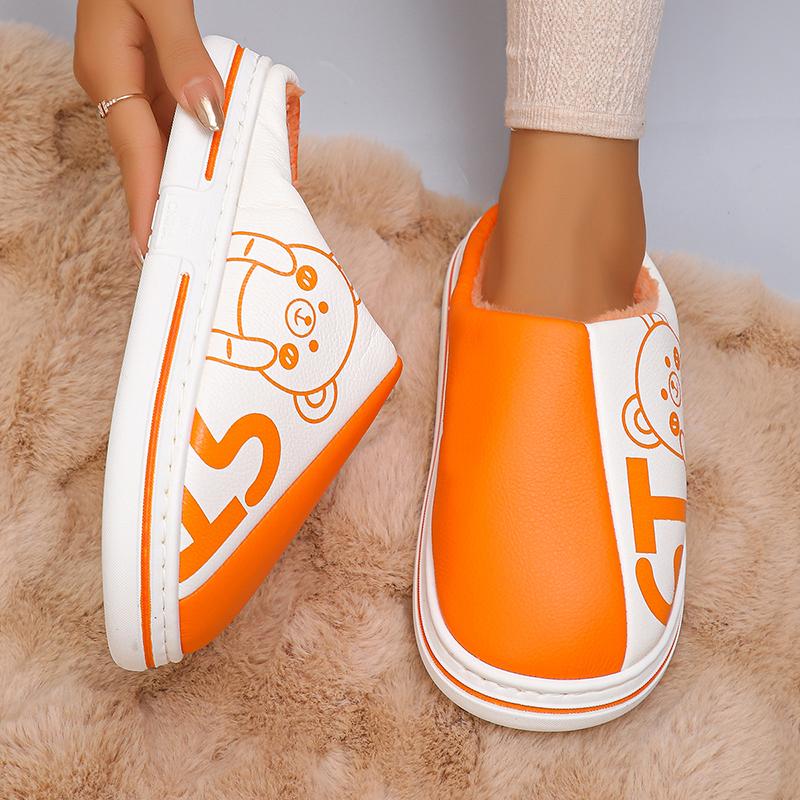 Новые водонепроницаемые домашние тапочки из искусственной кожи для женщин, зимние, сохраняющие тепло, для пар, хлопковая обувь, женские домашние нескользящие утолщенные плюшевые тапочки