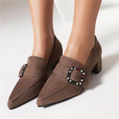 FOREADA Женские лоферы-лодочки с острым носком, на массивном среднем каблуке, с пряжкой и кристаллами, модная женская карьерная обувь, весна-осень, черные, розовые, 45