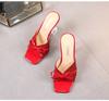 Красные сандалии на шпильке с неглубоким носком, модные модные тапочки большого размера на высоком каблуке, модные босоножки с открытым носком и бантом WZ
