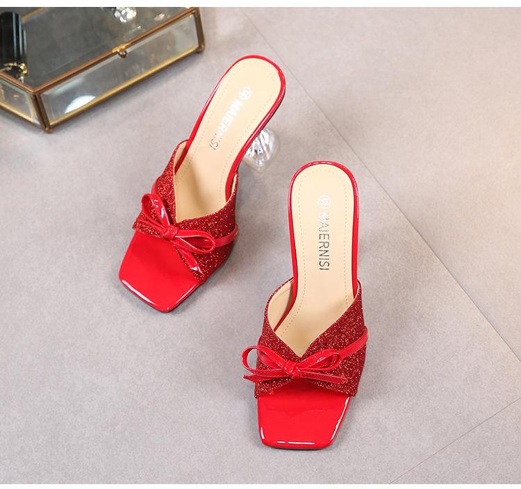 Красные сандалии на шпильке с неглубоким носком, модные модные тапочки большого размера на высоком каблуке, модные босоножки с открытым носком и бантом WZ