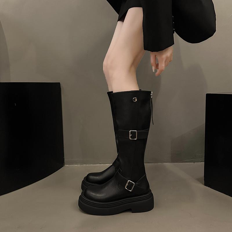 Мода Женщины 2024 Новая мода пряжка ремень рыцарские сапоги осень зима платформа колено высокие сапоги женщины винтаж кожа длинный