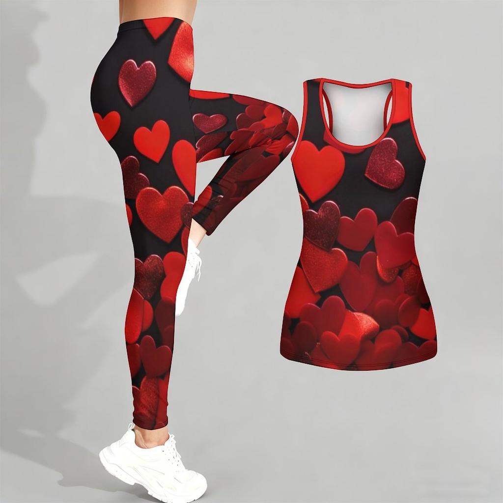 Комплект для йоги с принтом в виде сердечек для женщин, модные леггинсы для тренировок, фитнес, спорт, повседневный набор для йоги, спортивный костюм, эксклюзив ко Дню святого Валентина