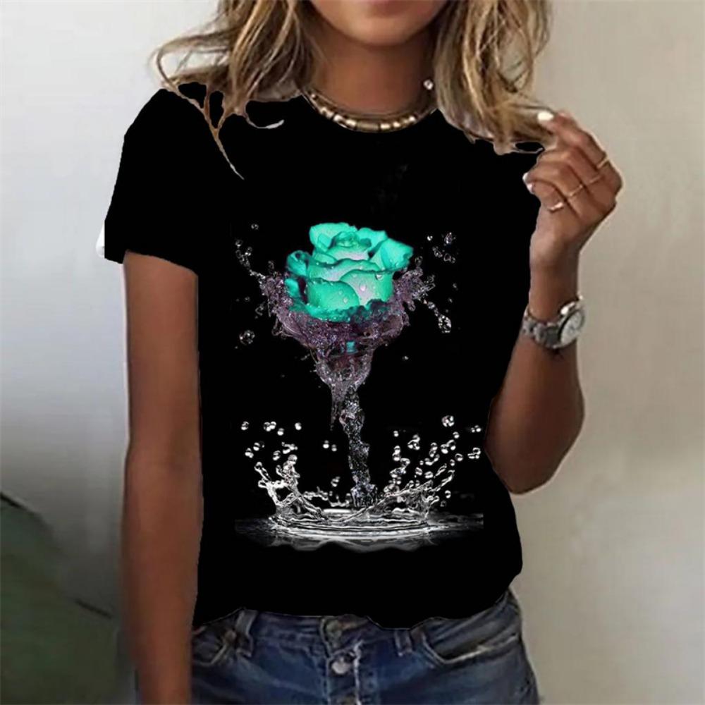 2024 Novelty 3d Roses Print Y2k Clothes For Women Summer Fashion Short Sleeve T Shirt Oversized Female Tops Casual Girls Tees