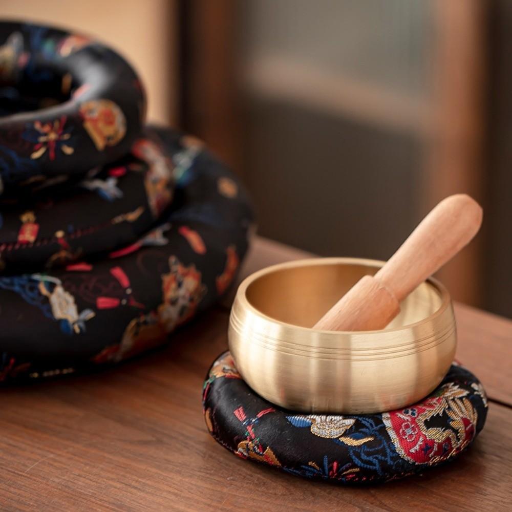 Donut Shape Dragon Design Singing Bowl Mat Nepalese Wooden Fish Coaster Sound Copper Out Mat Yoga