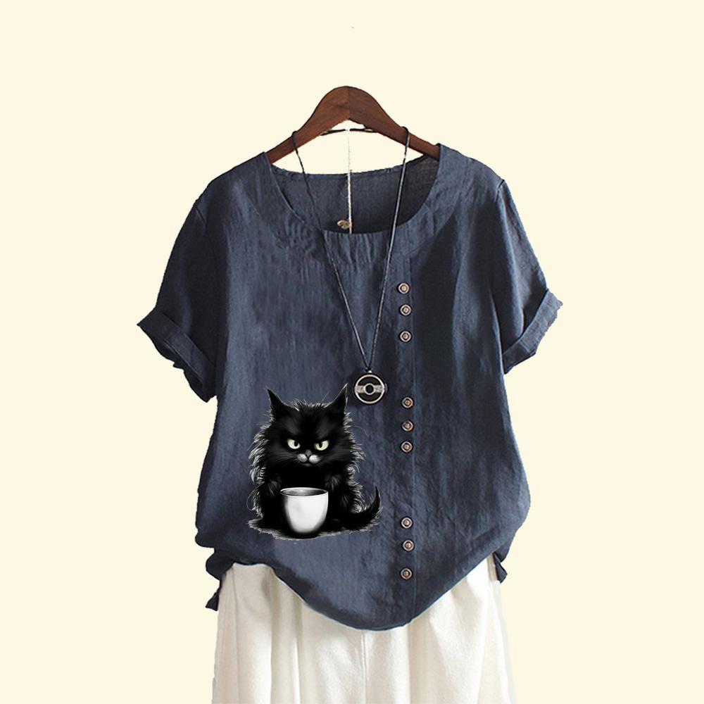Женская свободная льняная блузка-пуловер, женская повседневная футболка с круглым вырезом и принтом кота, летняя модная футболка с короткими рукавами