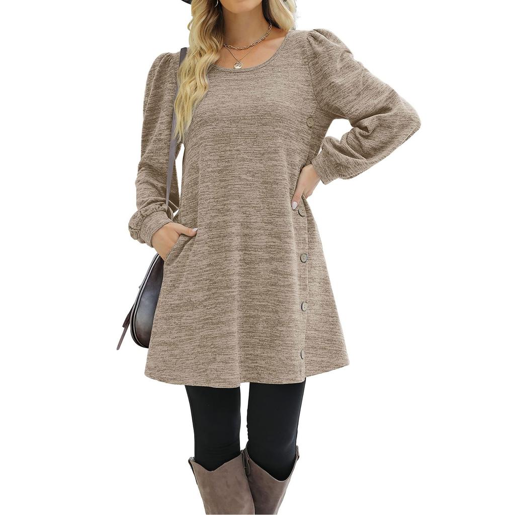 Модное женское повседневное свободное платье с круглым вырезом и пуговицами с длинным рукавом