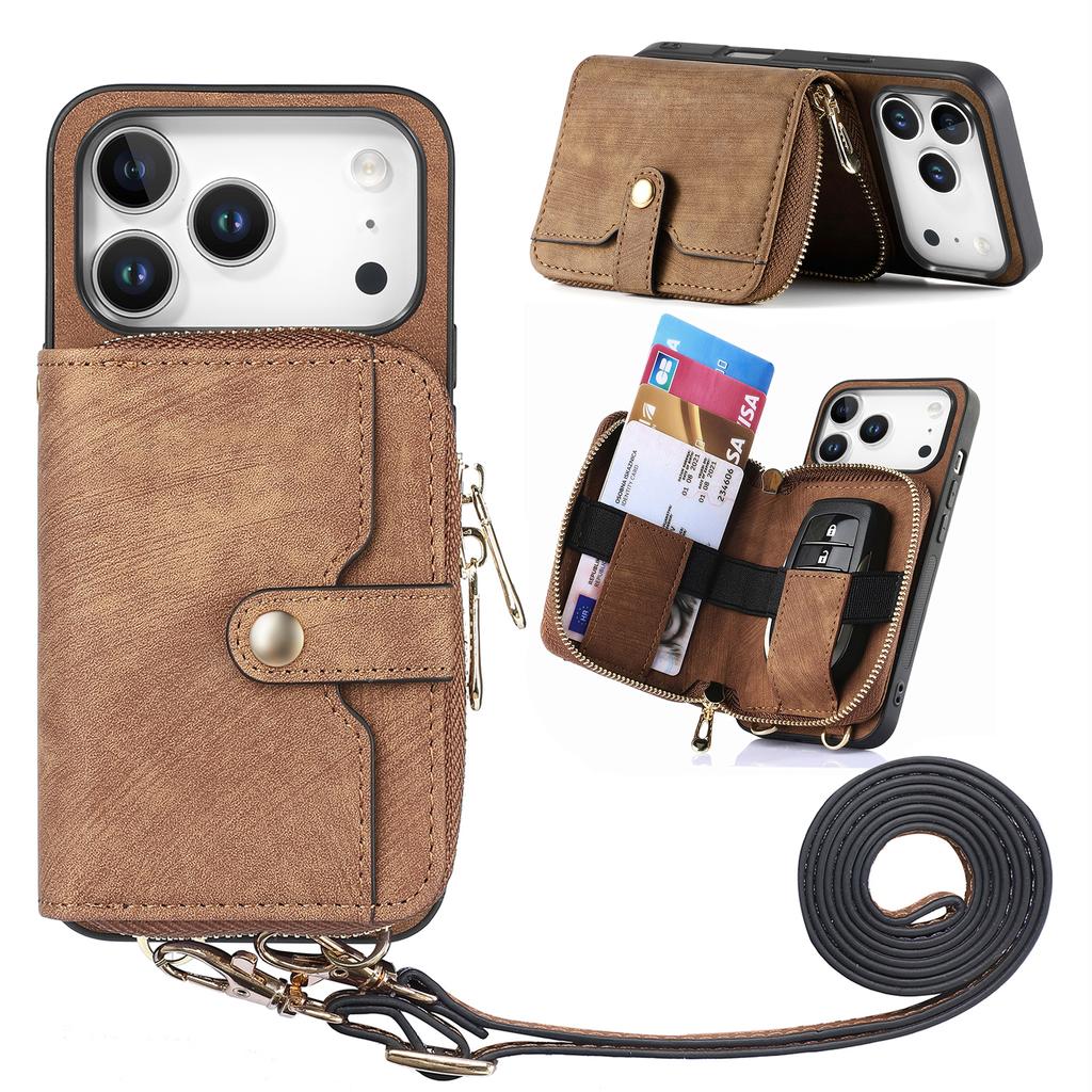 For iPhone 17 Pro PU Leather Phone Back Cover with Zipper Card Holder and Long Strap