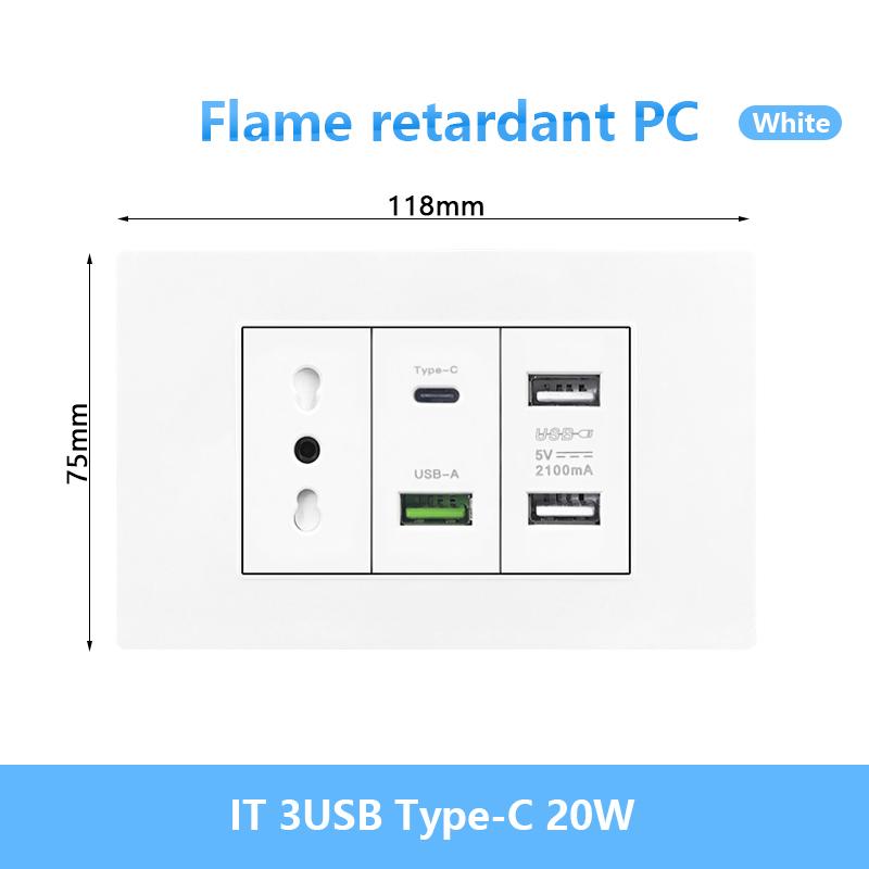 Италия Чили Мексика USB Smart Type-c 20 Вт Быстрая зарядка Настенная розетка вилка, Бразилия Панель выключателя света Универсальная розетка usb c
