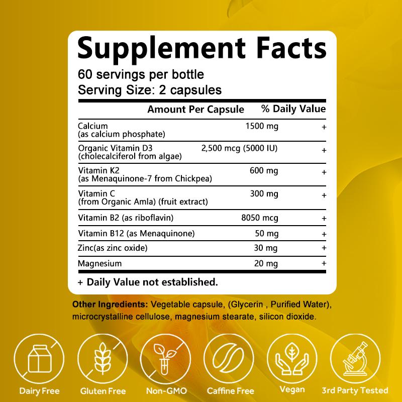 Bcuelov plant-based vitamin D3+K2 capsules 2500mg containing calcium and multiple vitamins to enhance immunity 120 capsules