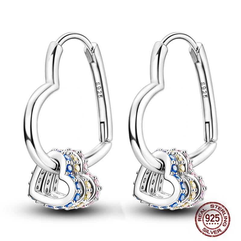 Sparkling Women Hoop Earrings 925 Copper Heart Shape Star Moon Round Blue Zircon Fit Origina Drop Earrings Zircon Holiday Gifts