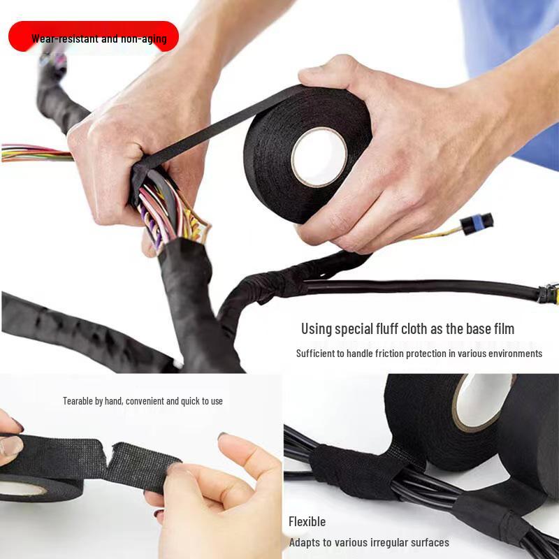 High-Temperature Black Self-Adhesive Flannel Tape for Automotive Wiring Harness, Sound Insulation, Noise Reduction, and Wear Resistance.