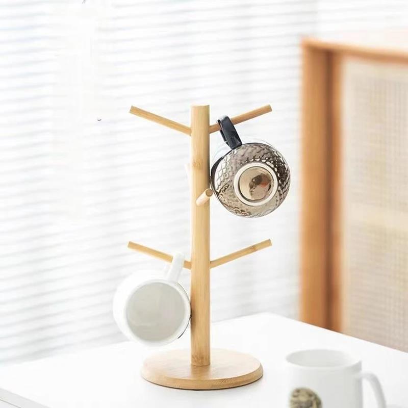 Bamboo Mug Hanging Display Rack Drinkware Shelf With 6 Hooks Tree Shape Wood Coffee Tea Cup Storage Holder Stand Cup Holders 5