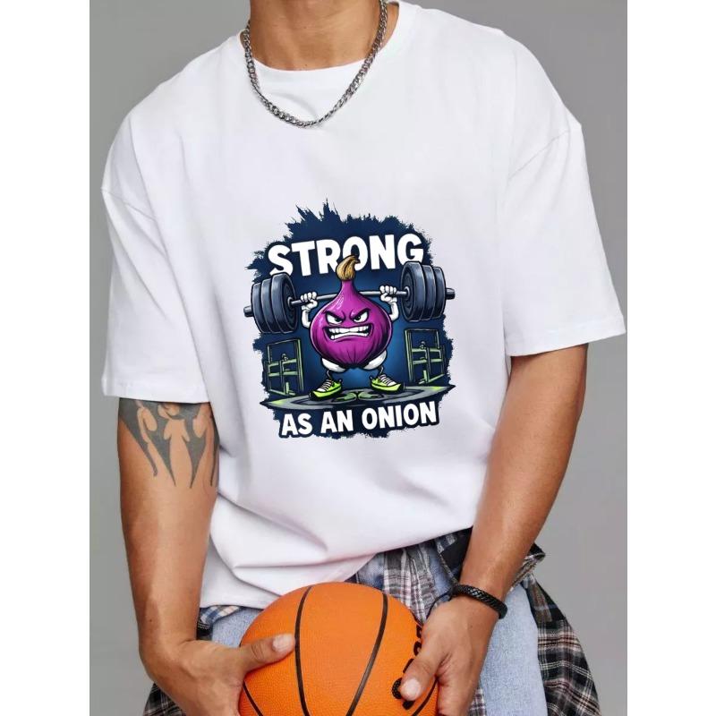 Белая футболка «Сильный как лук» Мультяшный лук поднимает штангу Мотивационный дизайн для спортзала для любителей фитнеса и тренировочная одежда