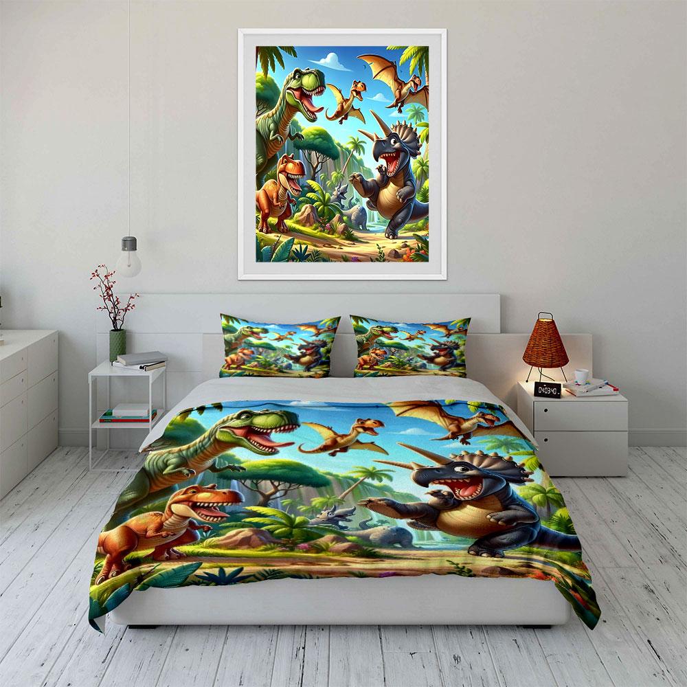 "Dinosaur Themed Kids Room Decor" Bedding Set with 1 Duvet Cover 2 Pillowcases Single Double King Queen, Gift