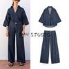 Wide Sleeve Lapel Casual Denim Shirt 2783781 Wide Leg High Waist Minimalist Casual Casual Pleated Pants 2881781