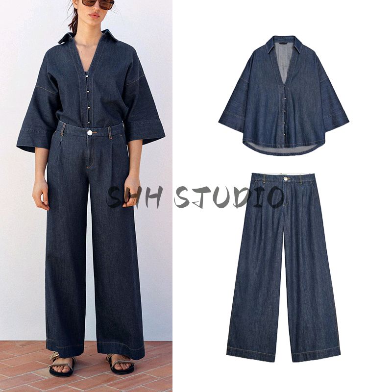 Wide Sleeve Lapel Casual Denim Shirt 2783781 Wide Leg High Waist Minimalist Casual Casual Pleated Pants 2881781