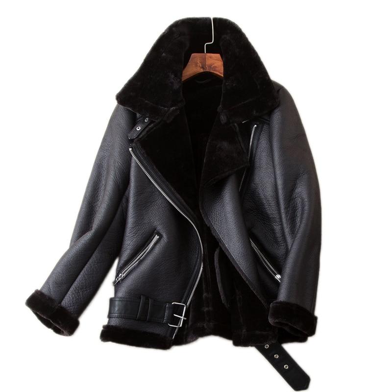 Winter Coats Women Thickness Faux Leather Fur Sheepskin Female Fur Leather Jacket Aviator Outwear