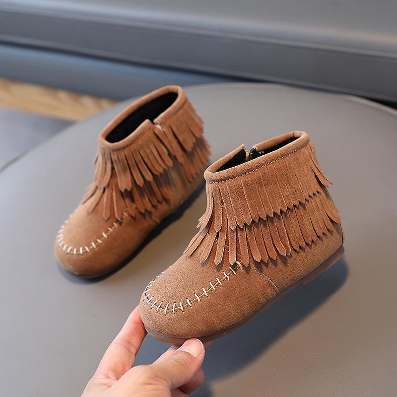Girls Princess Boots Fashion Kids Ankle Boots Flock Fabric Warm Thick Fur with Side Zipper Tassels 2024 Autumn Winter Brand New