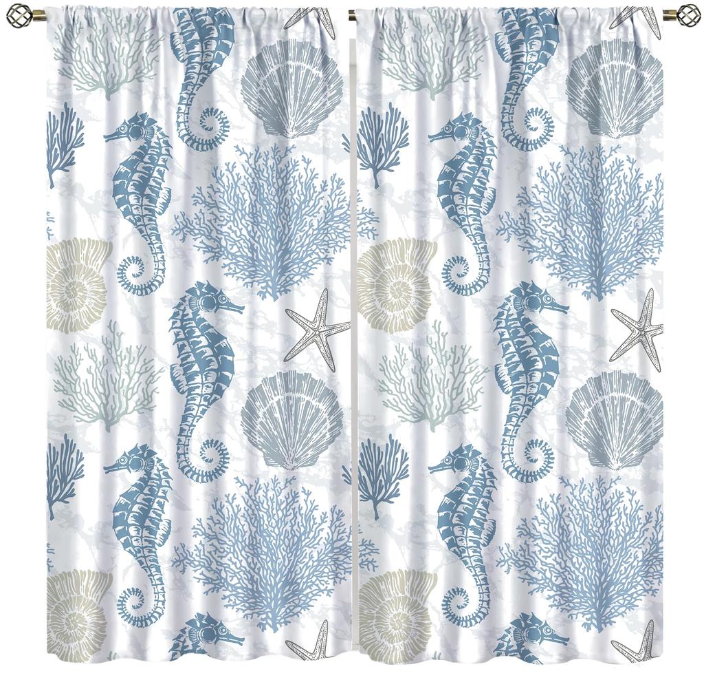 Minimalist Marine Seahorse Curtain Panels, Pale Blue Coral Shell Starfish White Background Pattern Drapes for Balcony Decoration