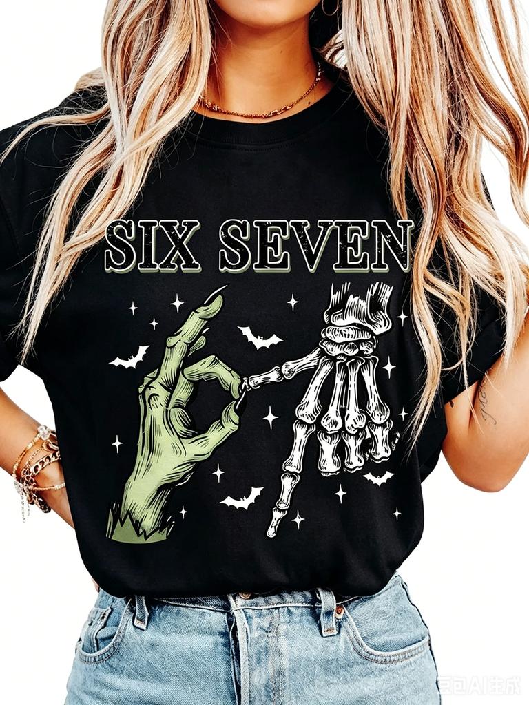 Polyester 100% Women Men Six Seven Skeleton Zombie Hands Graphic T-Shirt Halloween Bat Print Retro Short Sleeve Casual Tee