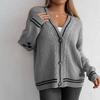 Women Sweater Coat V-neck Long Sleeve Twist Texture Knitting Coat Patchwork Color Single Breasted Loose Fit Elastic Sweater Outwear