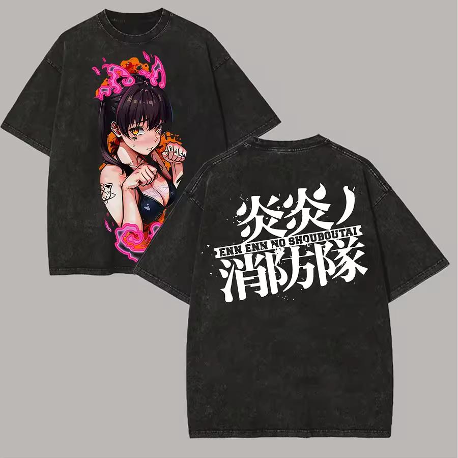 2026 Fire Force Double Sided Washed T-shirt Twin Tail Tamaki Kotatsu Pink Flame Print Oversized Heavy Cotton Tee For Otaku Fans
