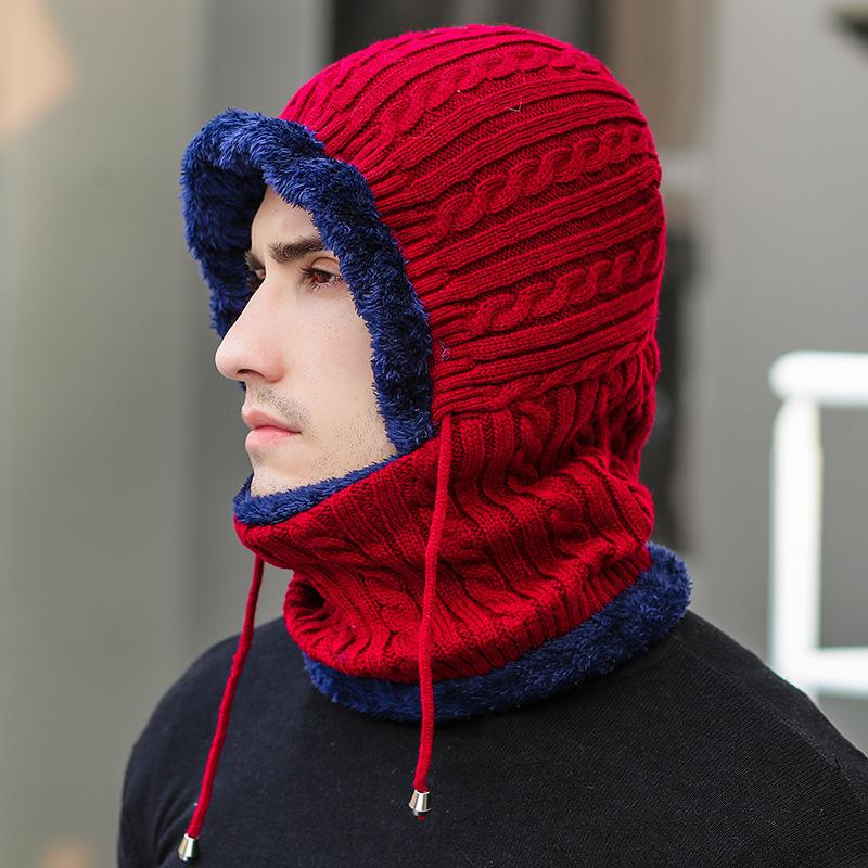 Trendy Winter Knit Hat Unisex Warm Fleece-lined Neck Cover Windproof Ear Protection One-piece Mouthpiece Cap