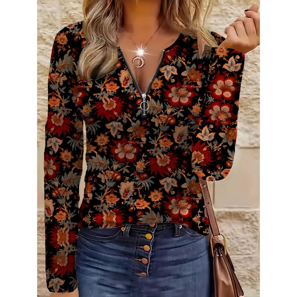 Elegant Casual Comfortable Style Painting Plant Flower Elements Printing Pattern Code Women's Clothing Crew Neck Zipper Long Sleeve