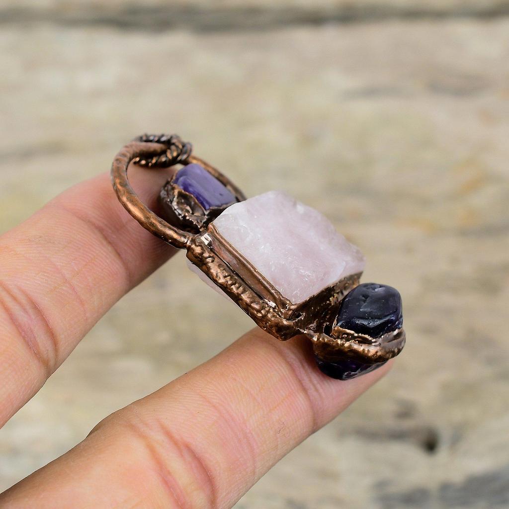 Rose Quartz Rough Pendant Electroformed Copper Pendant African Amethyst Rough Jewelry Gemstone Pendant Electroformed Jewelry Pendant For Her