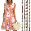 Women's Casual Easter Print V-Neck Button Side Pocket Vest Dress