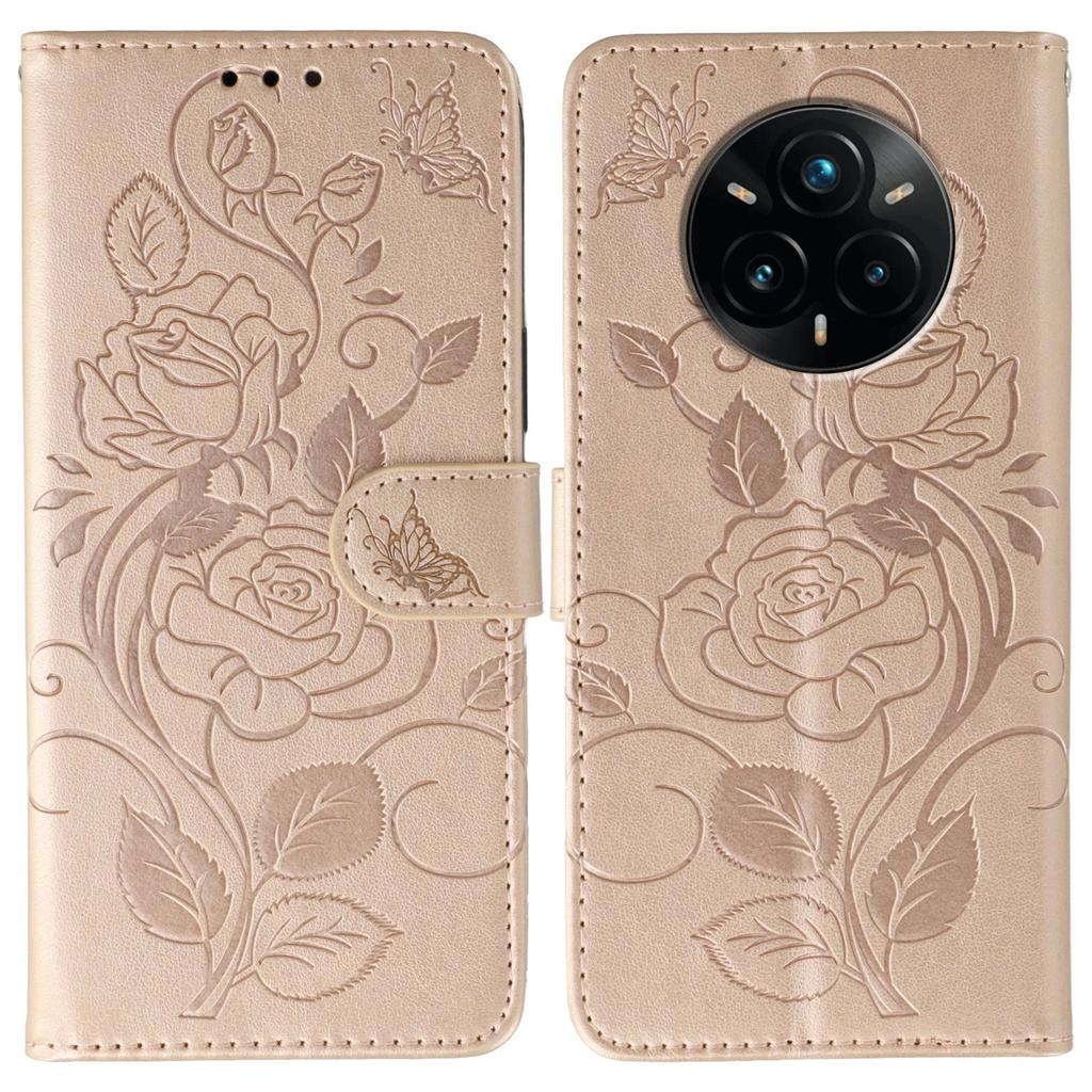 For Realme 14 Pro+ 5G Case Wallet Stand Imprinted Rose Butterfly PU Leather Phone Cover