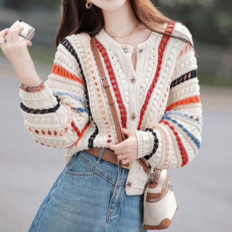 Autumn Women's Sweater Cardigan Loose Rainbowcolour Sweater Wear Hollow Crochet Long Sleeve Top